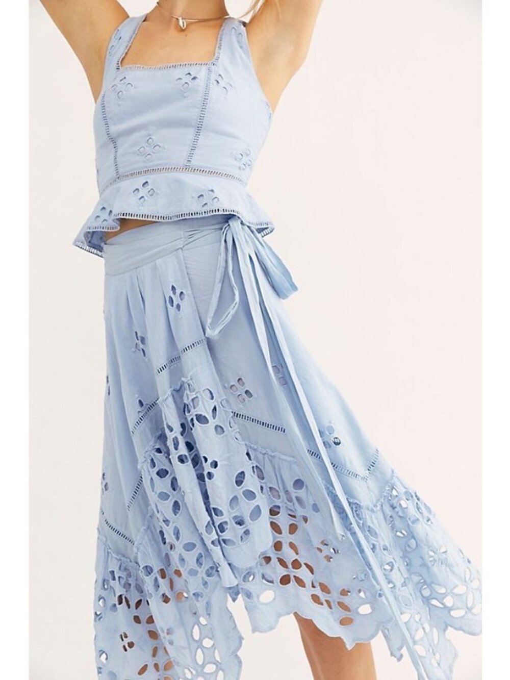 Free People Blue Eyelet Tie Waist Midi Wrap Skirt L | Coastal Boho Cottagecore - Picture 2 of 16